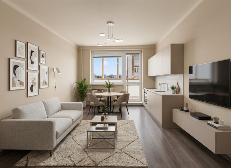 Living room in a one-room apartment with a wooden decor floor and a sofa.