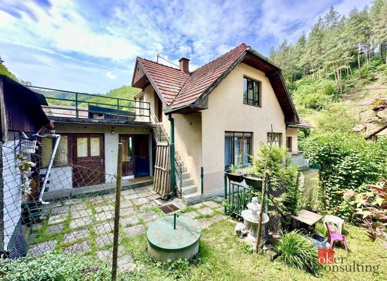A family house in Žiar nad Hronom with two floors, surrounded by greenery and forest.
