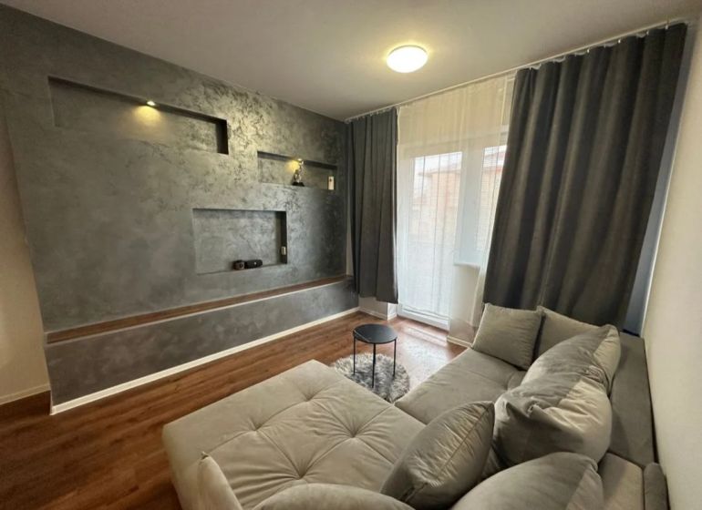Living room in a two-room apartment with a wooden decor floor and gray furniture.