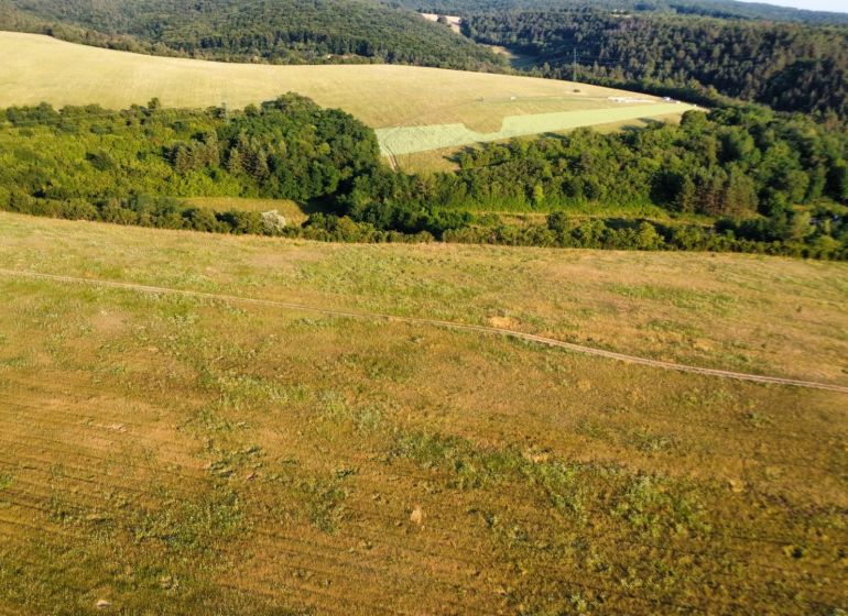 A picturesque landscape near Banka with agricultural and forest lands on the hills.