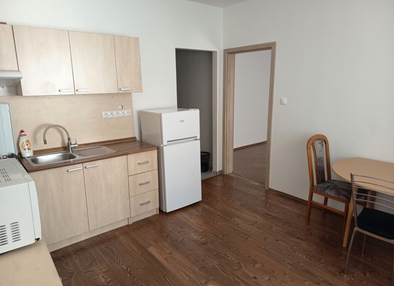 Kitchen unit with refrigerator and table in a studio apartment, floor with wooden decor.