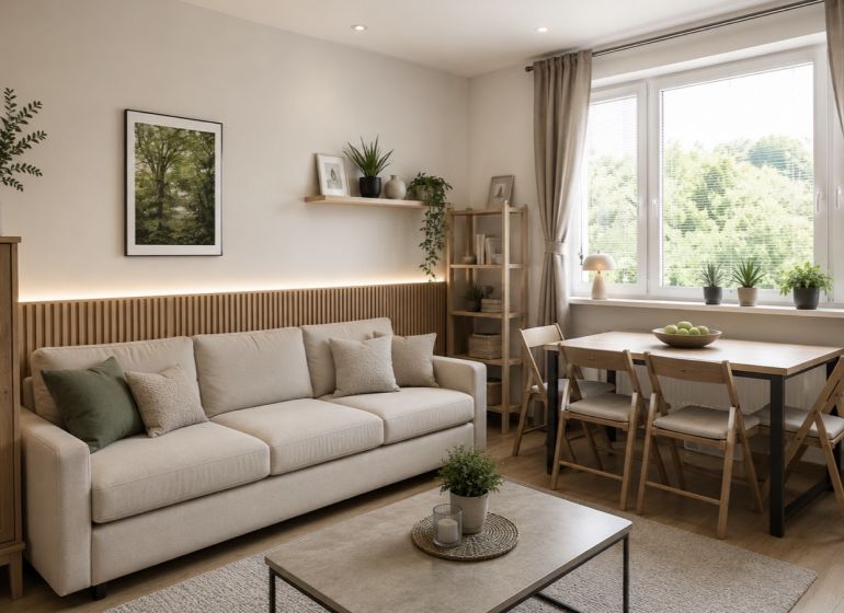 Living room in a 2-room apartment with a comfortable sofa and a dining table.