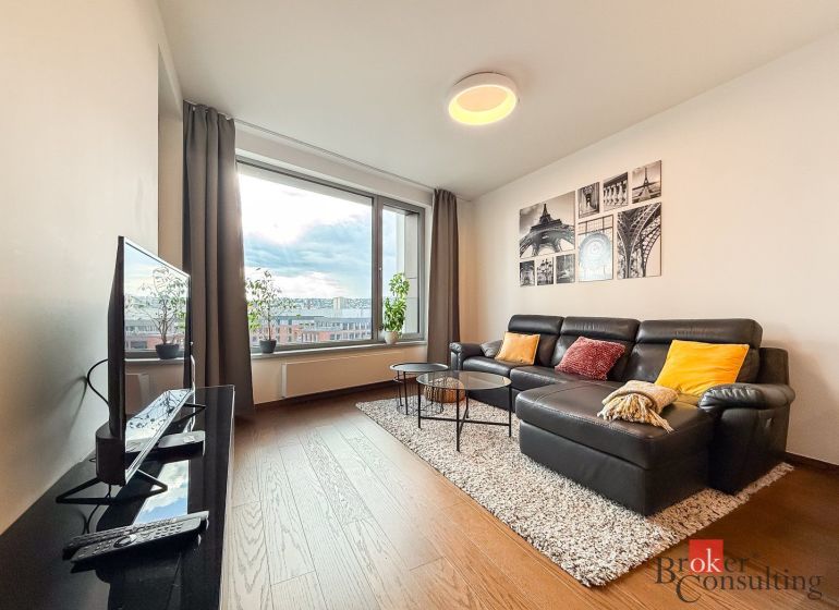 Living room in a two-room apartment with a leather sofa and a wooden decor floor.