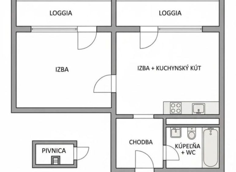Layout of a 2-room apartment with a loggia, kitchenette, and hallway.