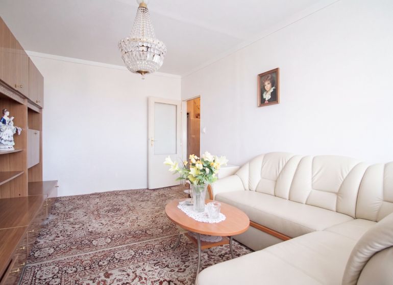 Living room in a 4-room apartment with a carpet pattern and a white sofa set.