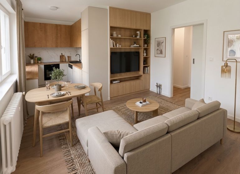 Living area with a built-in kitchen and a wooden decor floor in a 4-room apartment.