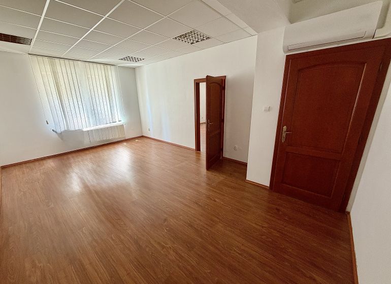 Windows and doors in an office with wood-patterned flooring and blinds.