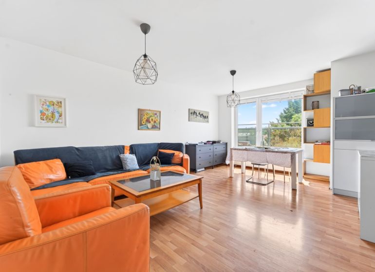 Living room of a three-room apartment with sofas, a table, and a wooden decor floor.
