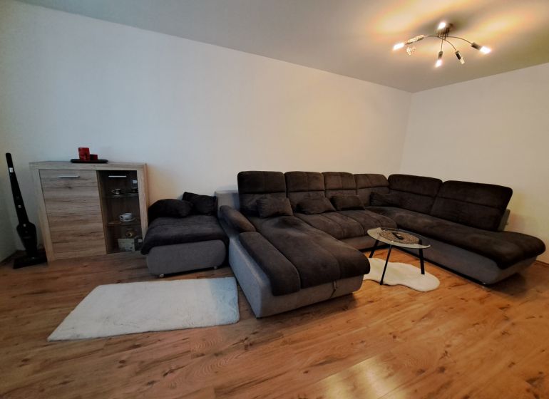 Living room in a three-room apartment with a sofa and a wooden decor floor.
