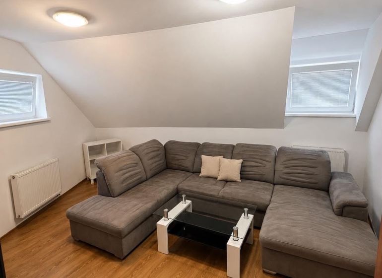 A comfortable sofa in a 2-room apartment on a floor with a wooden decor.