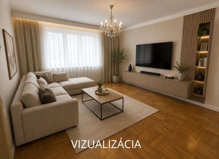 Living room with a corner sofa, TV, and wood-patterned flooring in a two-room apartment.