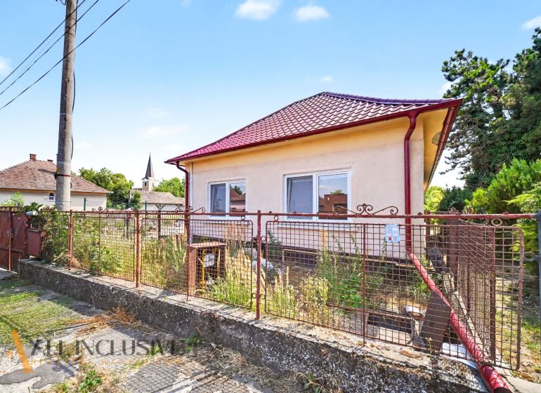A family house in Vydrany with a red roof, fencing, and a garden full of vegetation.