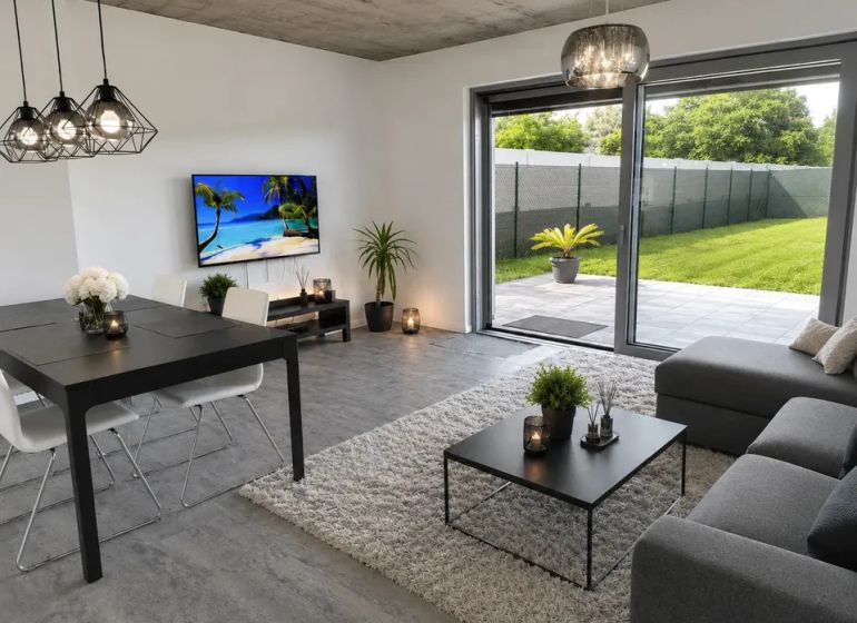 A living room in a family house with a wooden decor floor and a view of the garden.