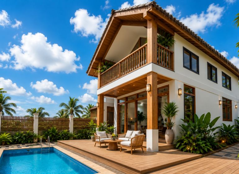 A family house in the city of Pwani Mchangani with a terrace, a pool, and tropical vegetation.
