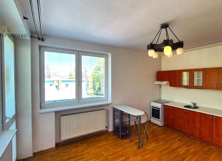 A kitchen in a one-room apartment with space for a dining area and a floor with a wooden decor.