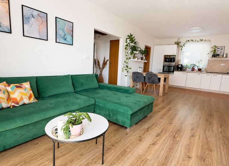 Living room in a 3-room apartment with a comfortable green sofa and a wooden decor floor.