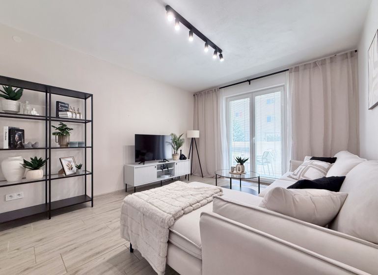 A bright living room in a two-room apartment with a shelving unit and a sofa, wooden decor flooring.