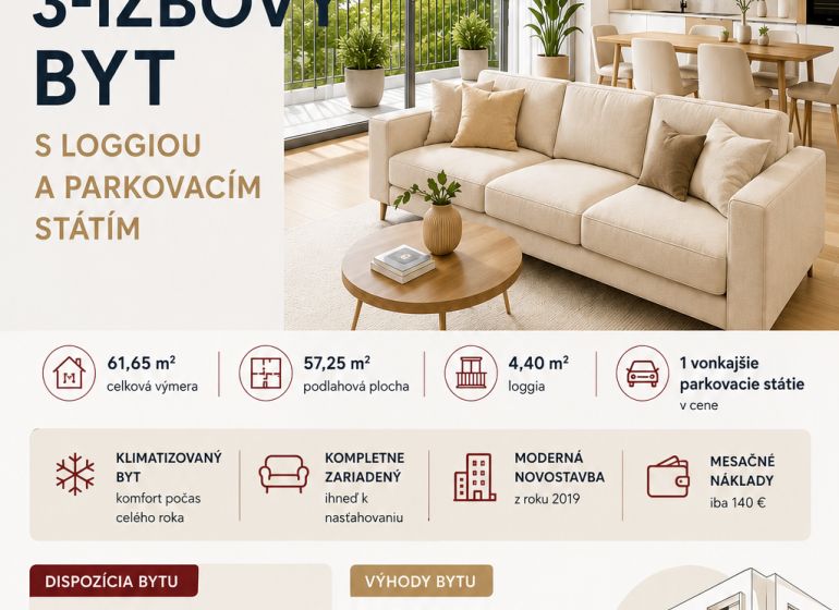 Offer of a 3-room apartment in Malacky with a loggia and parking, total area of 61.65 m².