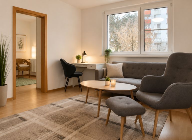 Living room in a 2-room apartment with comfortable seating and a table.