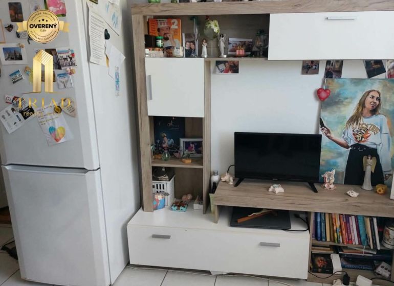 Living room in a studio apartment with white furniture and decorations.
