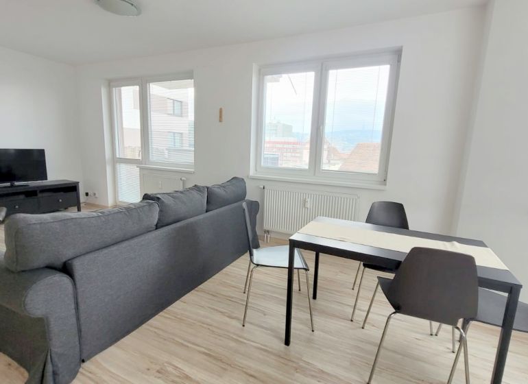 Living room with a sofa, television, and dining table in a 2-room apartment.