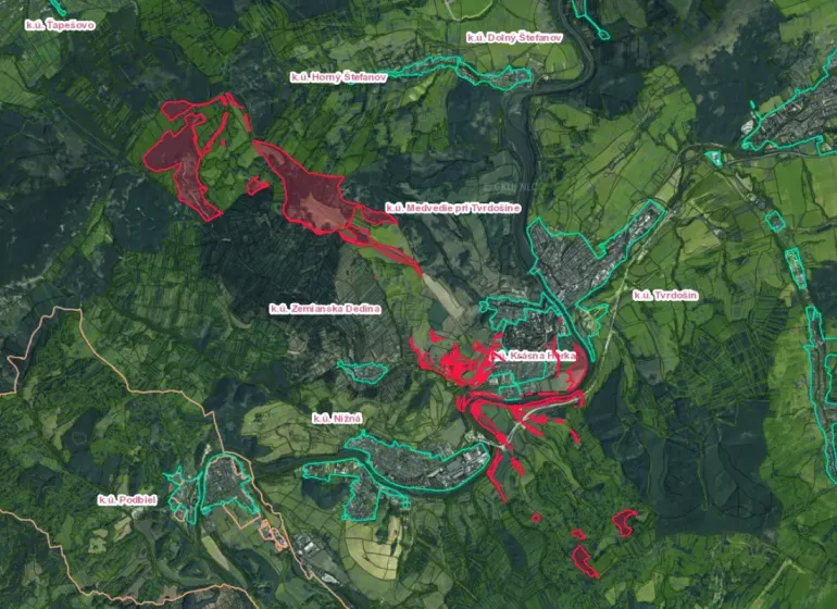 Aerial view of agricultural and forest lands in the Tvrdošín area.
