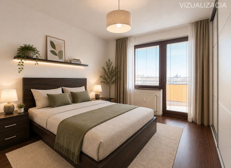 A bedroom in a three-room apartment with a wooden decor floor, a large bed, and a window to the balcony.