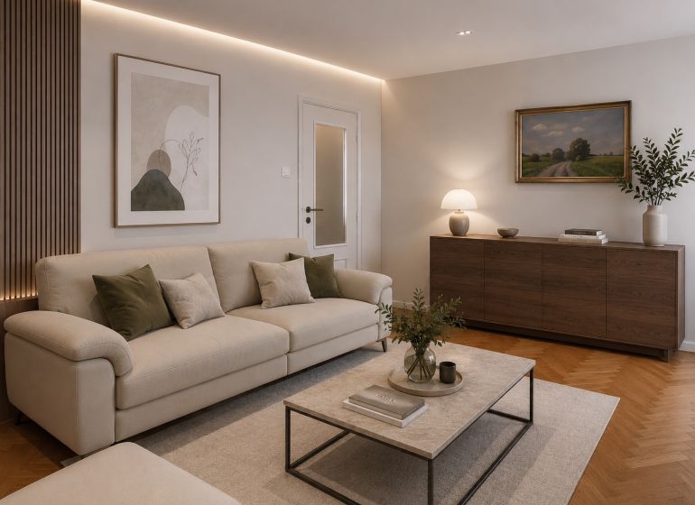 Living room with a sofa and a table in a 2-room apartment with a wooden decor floor.
