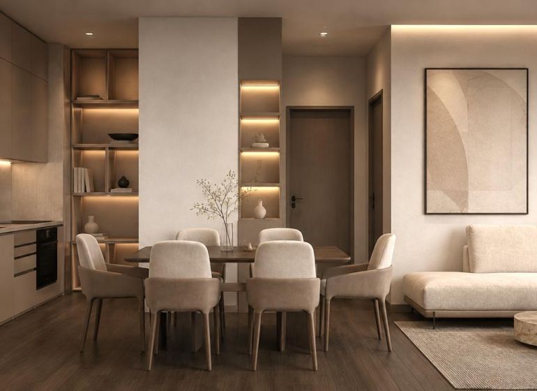 Dining area and kitchen in a holiday apartment with wood-patterned flooring.