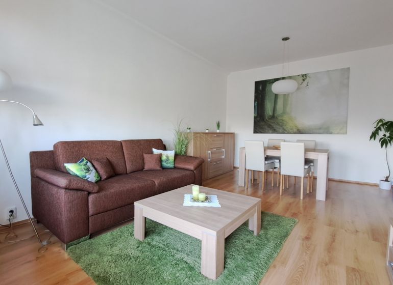 Living room with a sofa and a dining table in a 2-room apartment, floor with a wooden decor.
