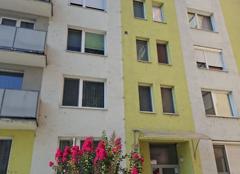 Apartment building on SNP in Nové Zámky with blooming shrubs in front of the entrance.