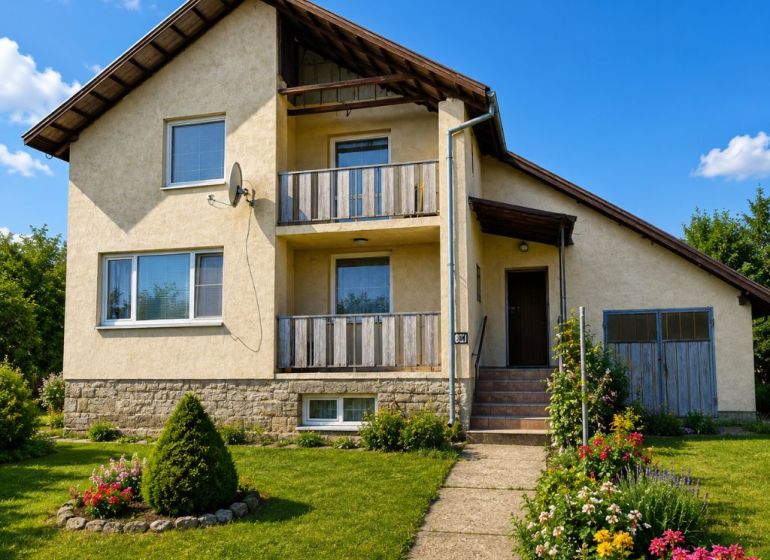 A family house on Biela Street in Kazimír, surrounded by a garden and flowers.