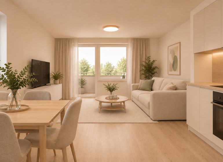 Living room with a sofa, dining table, and wooden decor flooring in a 4-room apartment.