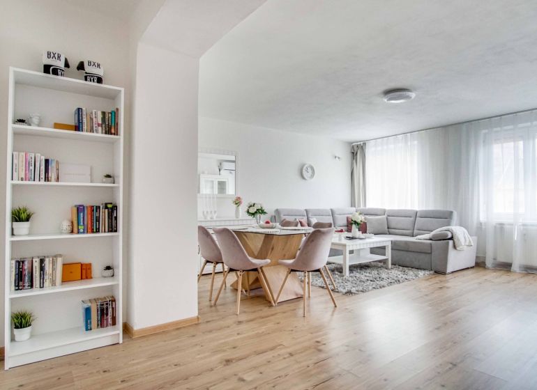 Living room in a two-room apartment with a wooden decor floor, light seating, and a bookshelf.
