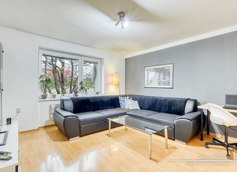 Living room in a two-room apartment with a sofa, table, and wooden decor flooring.