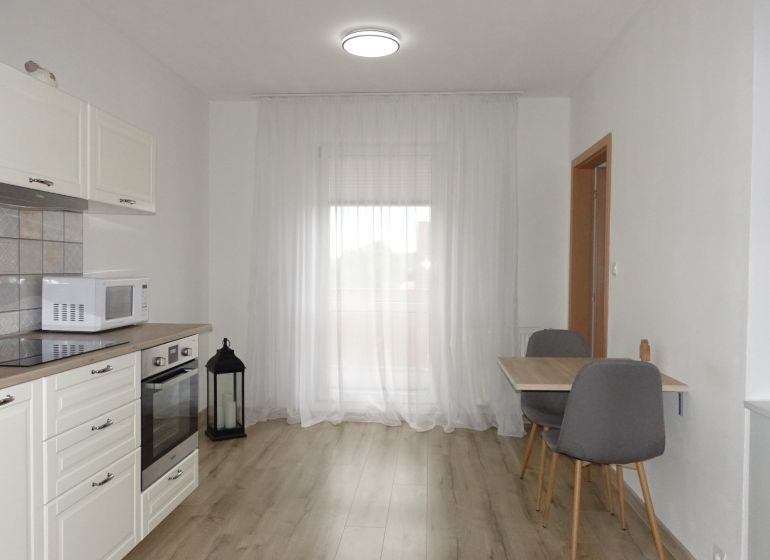 Kitchen corner with equipment, table, and chairs, floor with wooden decor in a 2-room apartment.
