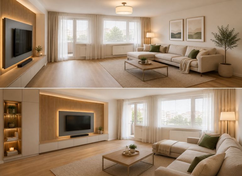 Living room in a 3-room apartment with a wooden decor floor and a comfortable sofa.