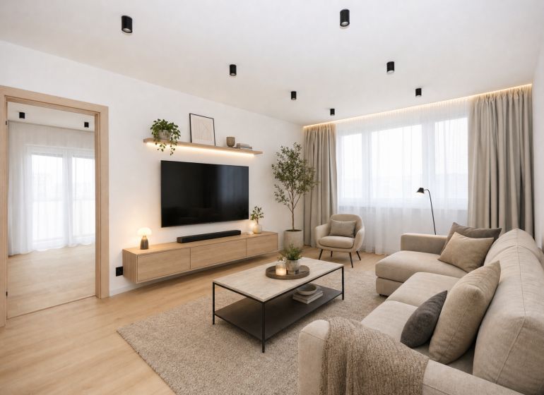 Living room in a three-room apartment with a wooden decor floor and neutral furnishings.