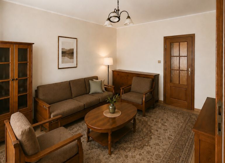 A living room in a three-room apartment with wooden furniture and a carpet.