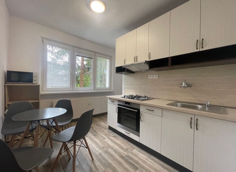 A kitchen in a 2-room apartment with a round table, four chairs, and a kitchen unit.