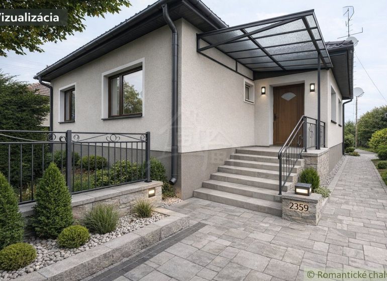 A family house in Šurany with a hallway, staircase, and landscaped garden.