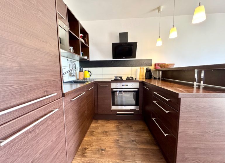 Kitchen in a studio apartment with wood-patterned flooring, dark cabinets, induction cooktop.
