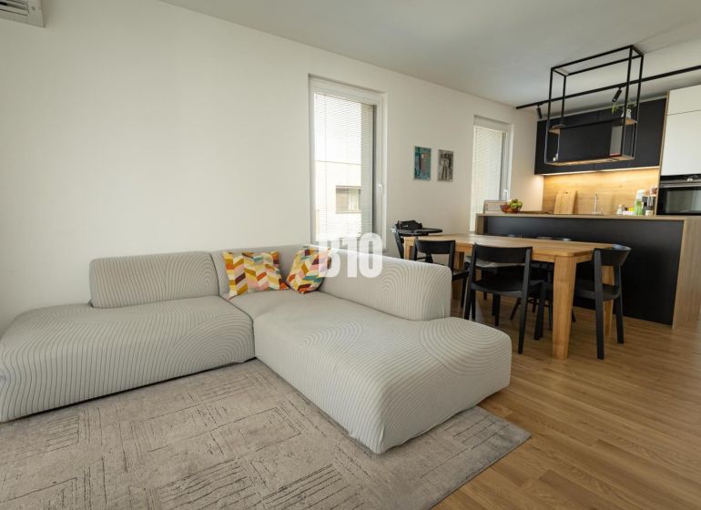 Living room with kitchen, light sofa, dining table, wooden decor flooring.
