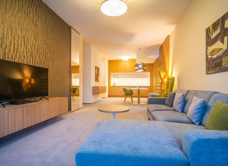 A recreational apartment with a wood-patterned floor, a comfortable sofa, and a television.