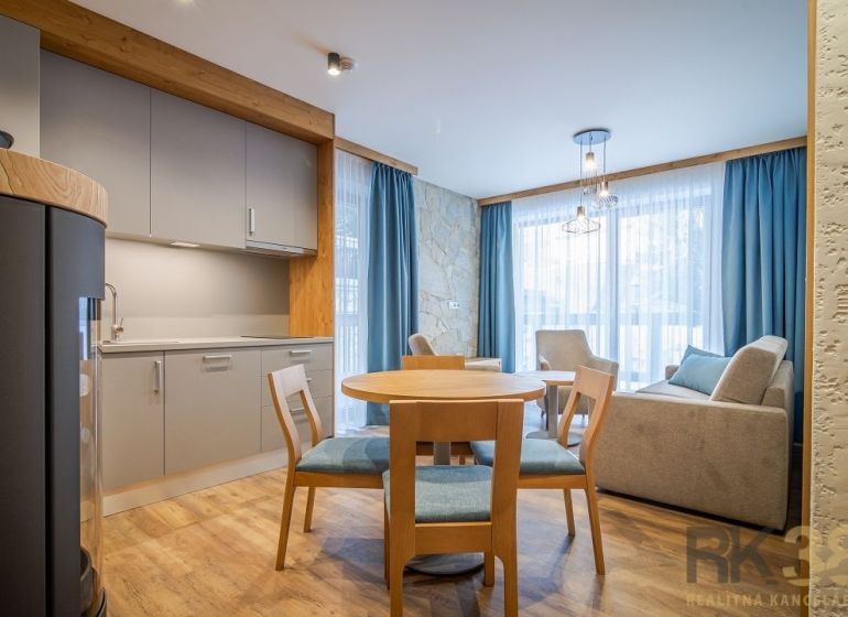 Recreational apartment with wood-decor flooring, kitchenette, dining table, and living area.
