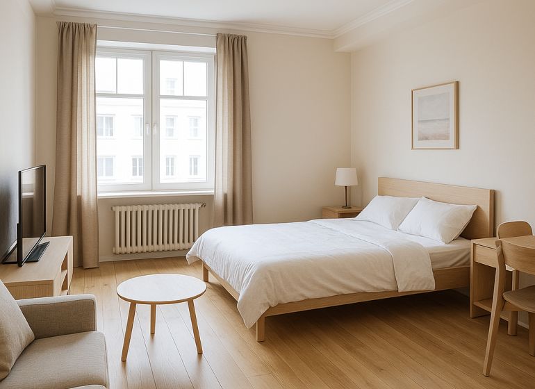 Bright bedroom with TV and wood-patterned flooring in a 3-room apartment.
