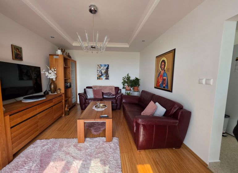Living room in a 3-room apartment with a wooden decor floor, leather sofa, and decorations.