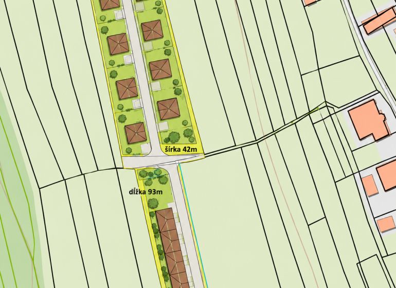 Plan Development Plots in Nesluša with Dimensions and Layout of Houses.