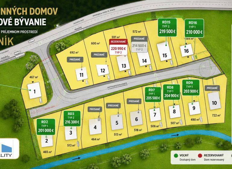 Plan of family houses in the village of Prašník, highlighting sold and available plots.