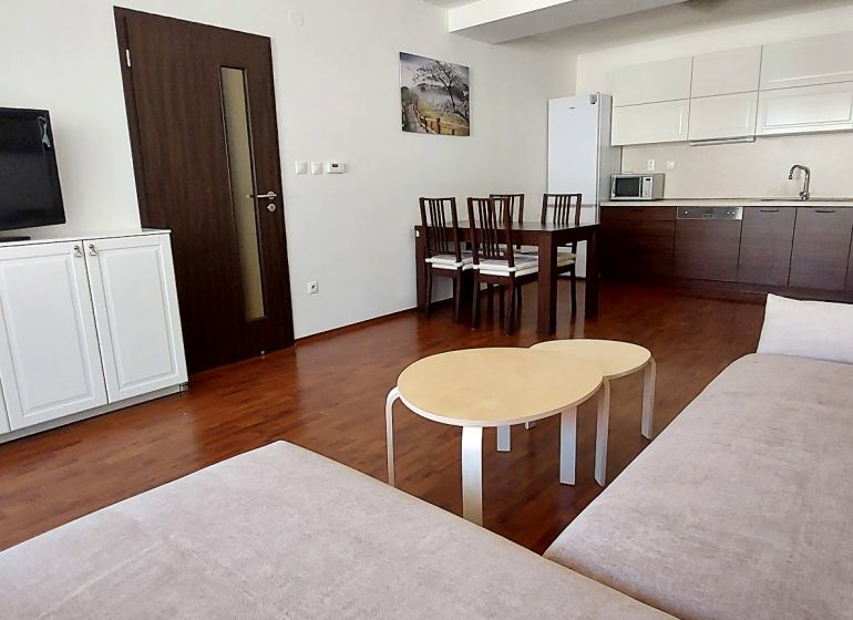 Living room of a three-room apartment with a wooden decor floor, kitchenette, and dining table.